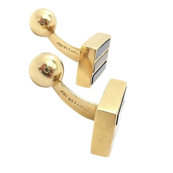 Rare Vintage Tiffany & Co. 18k Yellow Gold Classic Onyx Tiger Eye Cufflinks - Picture 9 of 12